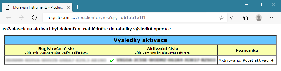 Vsledek aktivace ve WWW prohlei